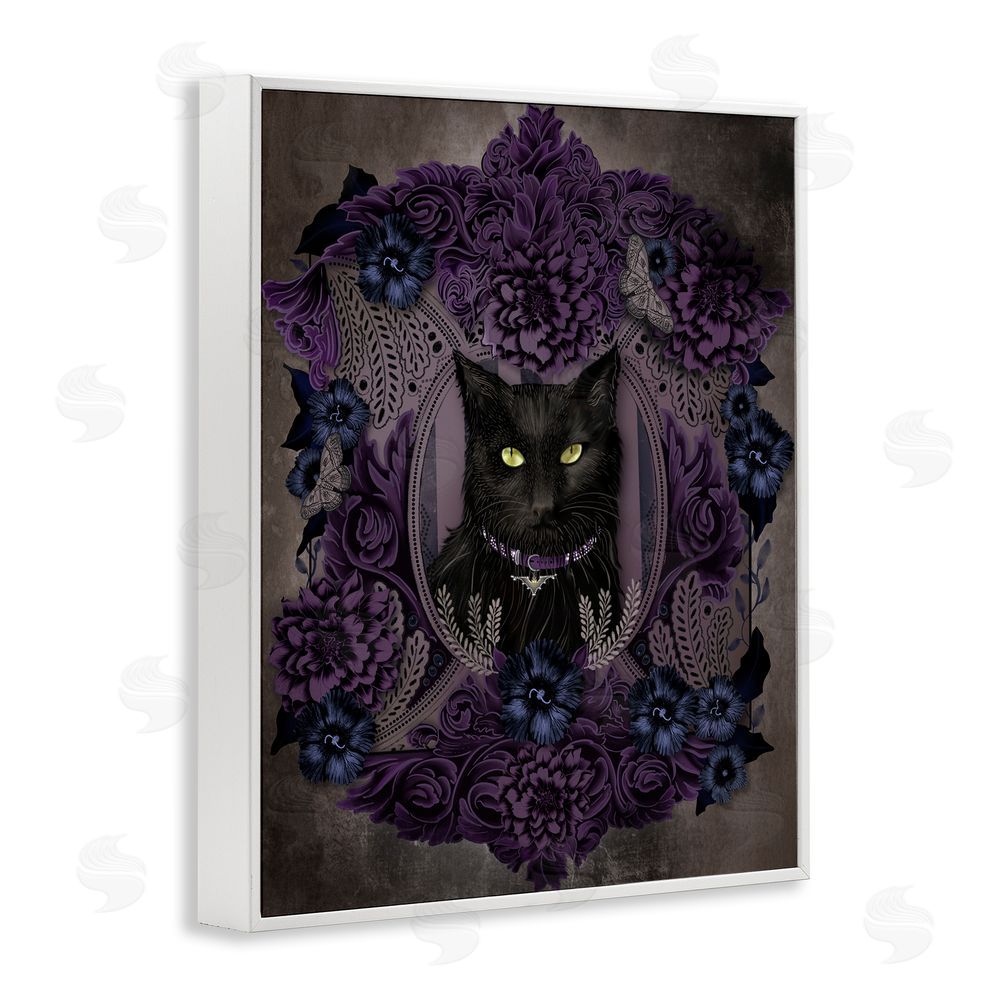 Lori Mosley Black Cat with Gothic Florals White Framed Giclee Wall Art Print