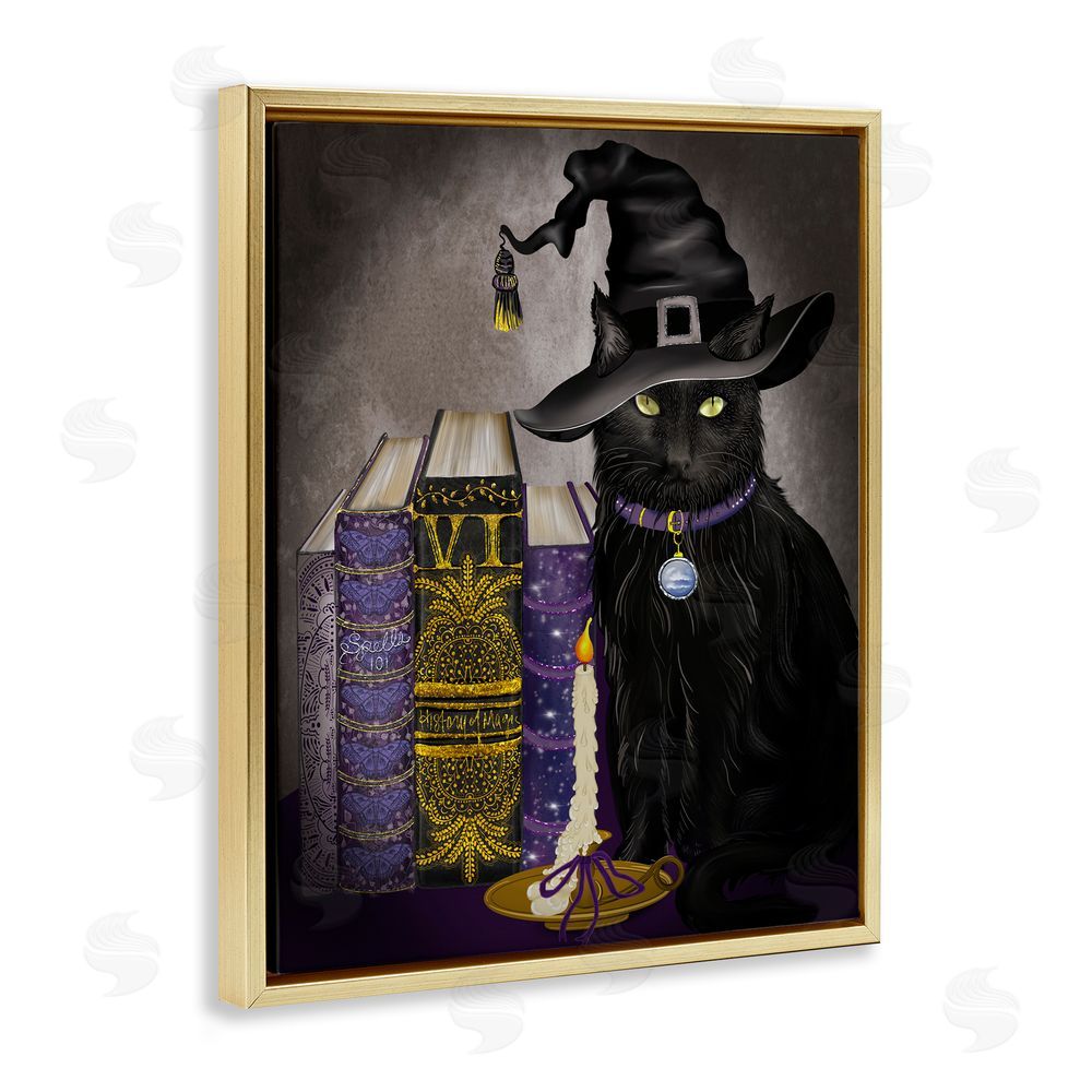 Lori Mosley Black Cat Gothic Books Gold Floating Frame Canvas Wall Art Print