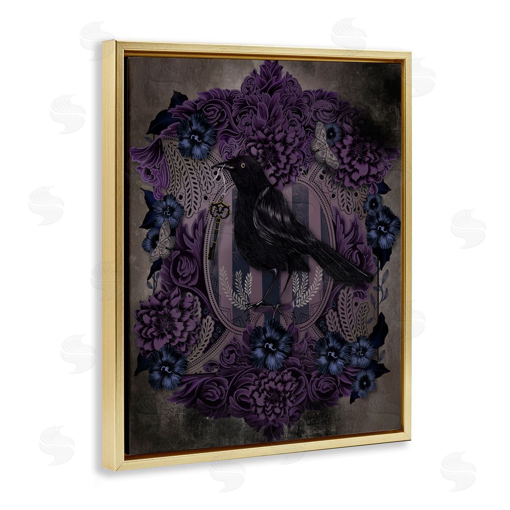 Lori Mosley Raven with Gothic Florals Gold Floating Frame Canvas Wall Art Print