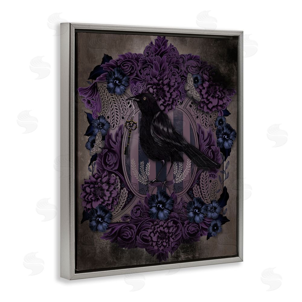 Lori Mosley Raven with Gothic Florals Gray Floating Frame Canvas Wall Art Print