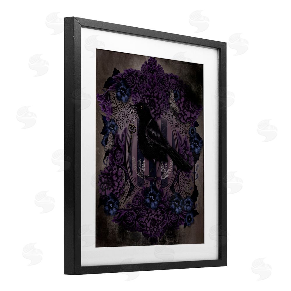 Lori Mosley Raven with Gothic Florals Black Framed Print Under Glass with White Mat Wall Art