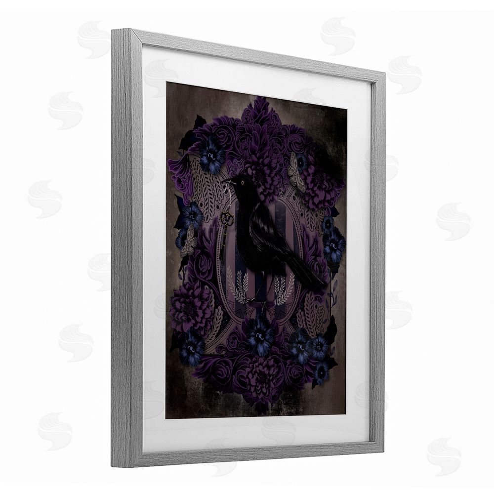 Lori Mosley Raven with Gothic Florals Gray Framed Print Under Glass with White Mat Wall Art