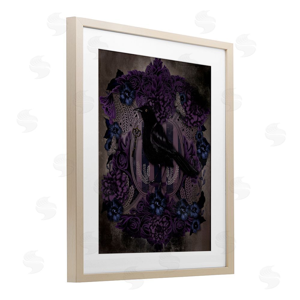 Lori Mosley Raven with Gothic Florals Birch Framed Print Under Glass with White Mat Wall Art