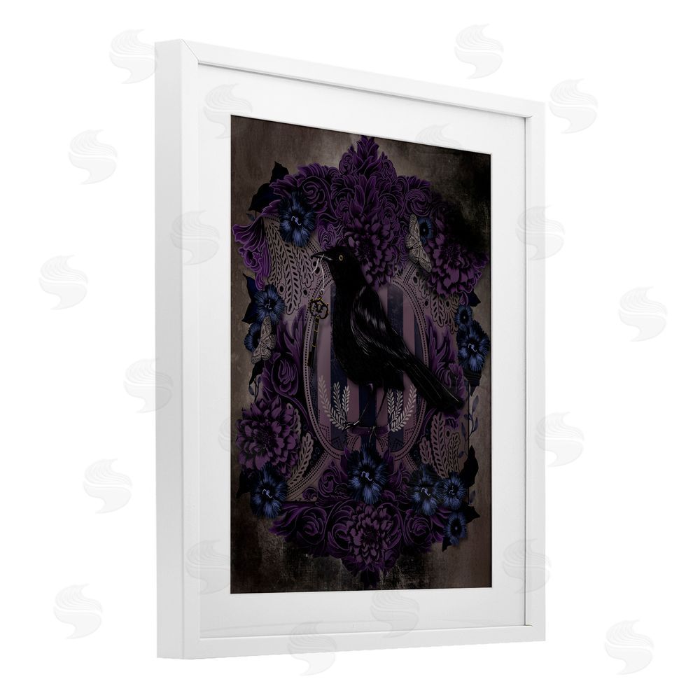 Lori Mosley Raven with Gothic Florals White Framed Print Under Glass with Mat Wall Art