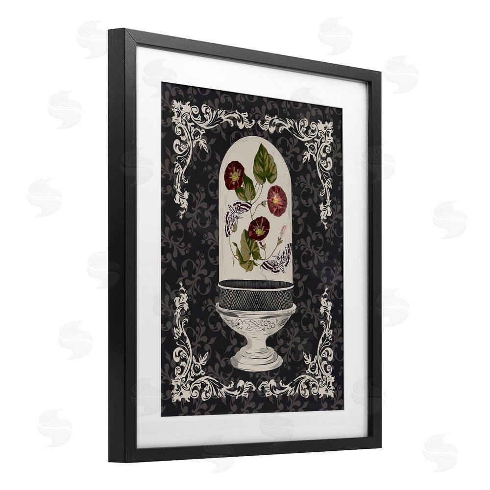 Radhika Modi Moths & Poppies in Glass Dome Black Framed Print Under Glass with White Mat Wall Art