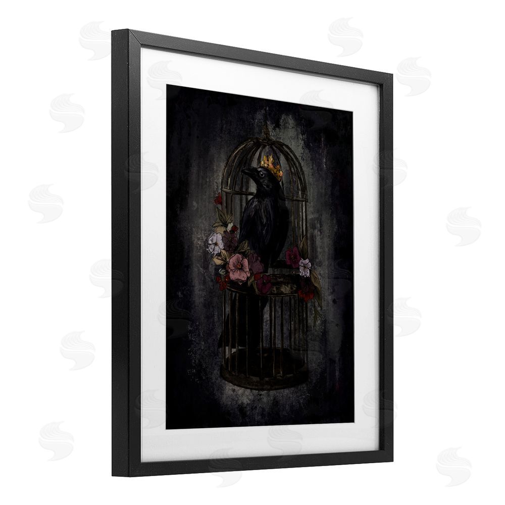 Denise Bartkus Raven King in Cage Black Framed Print Under Glass with White Mat Wall Art