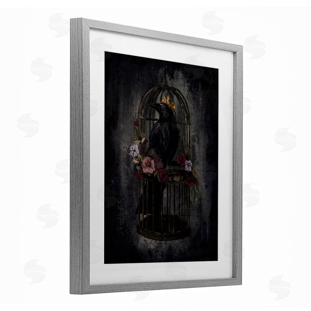 Denise Bartkus Raven King in Cage Gray Framed Print Under Glass with White Mat Wall Art