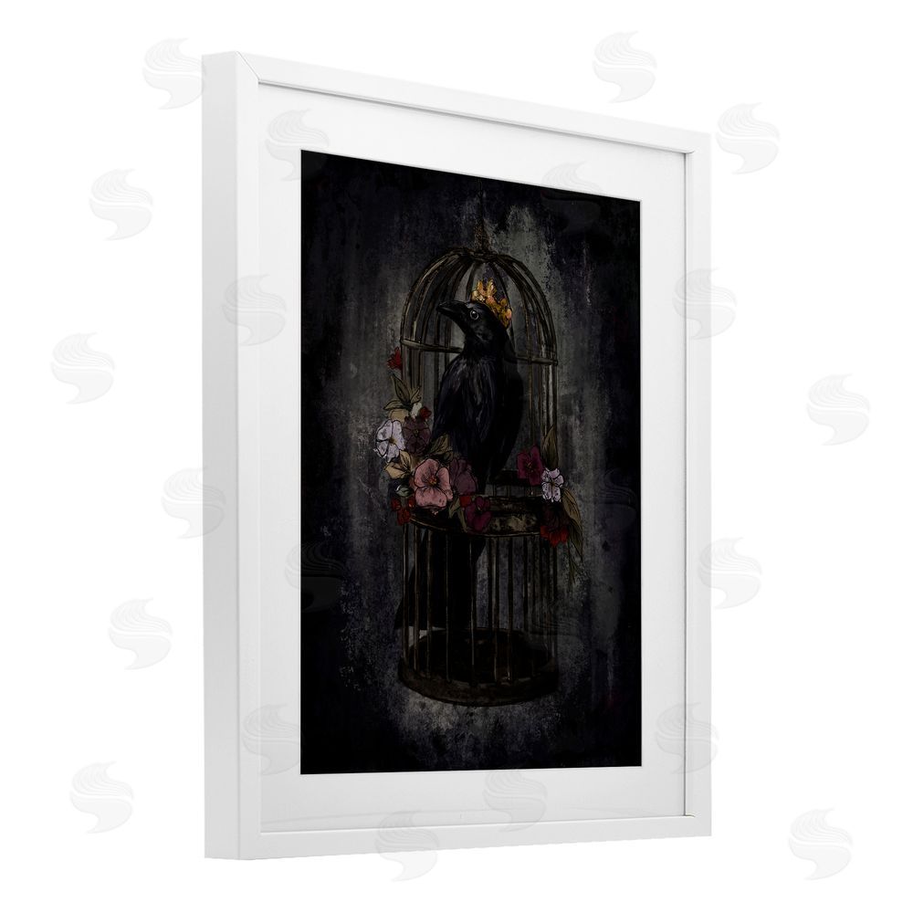 Denise Bartkus Raven King in Cage White Framed Print Under Glass with Mat Wall Art