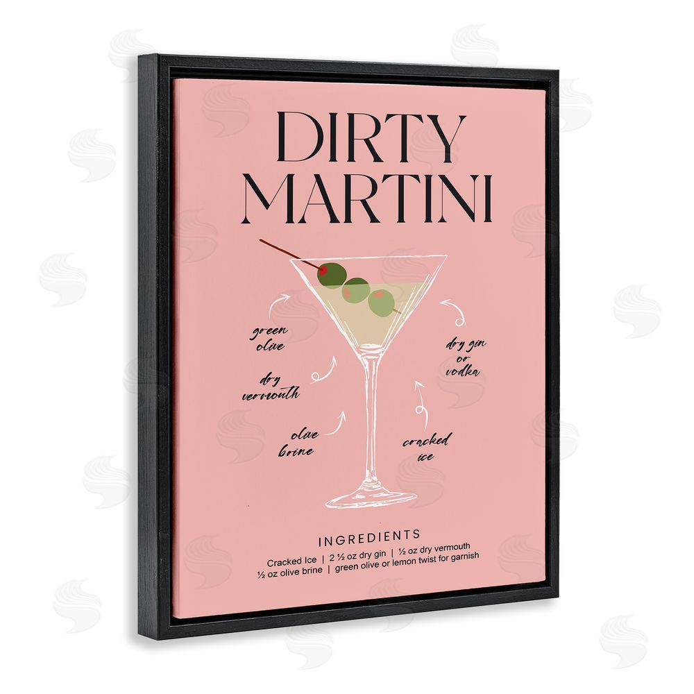 Lettered and Lined Dirty Martini Pink Recipe Black Floating Frame Canvas Wall Art Print