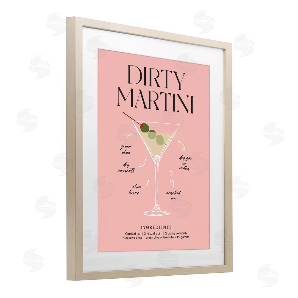 Lettered and Lined Dirty Martini Pink Recipe Birch Framed Print Under Glass Wall Art