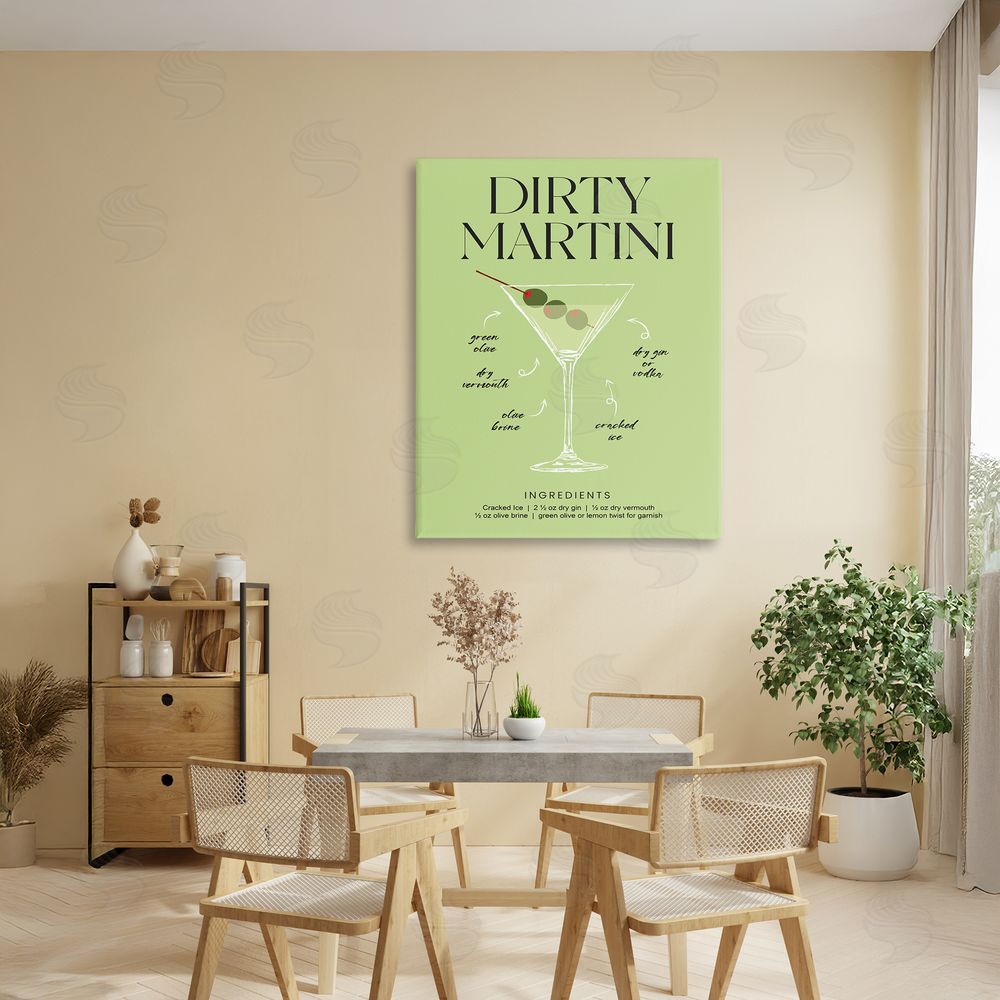 Lettered and Lined Dirty Martini Green Recipe Stretched Canvas Wall Art in Room