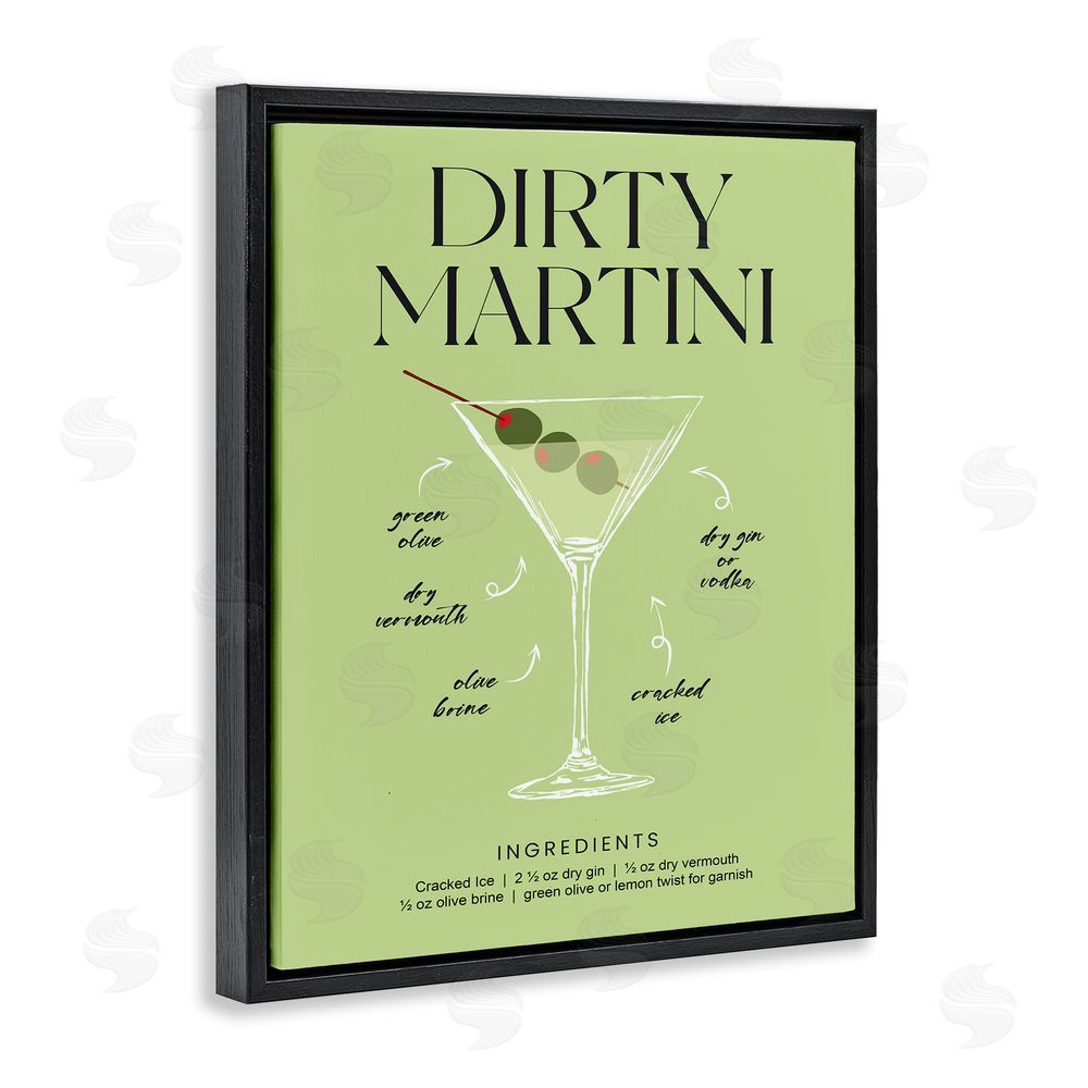 Lettered and Lined Dirty Martini Green Recipe Black Floating Frame Canvas Wall Art Print