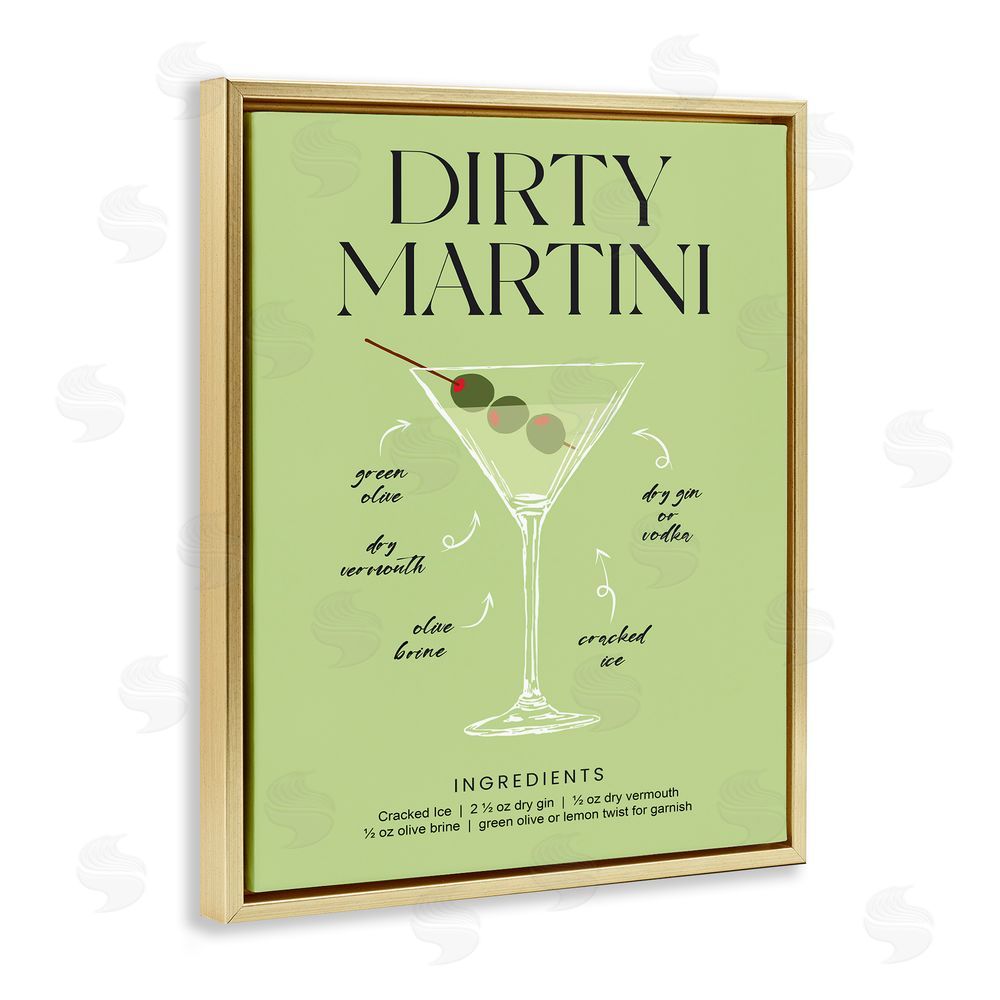 Lettered and Lined Dirty Martini Green Recipe Gold Floating Frame Canvas Wall Art Print