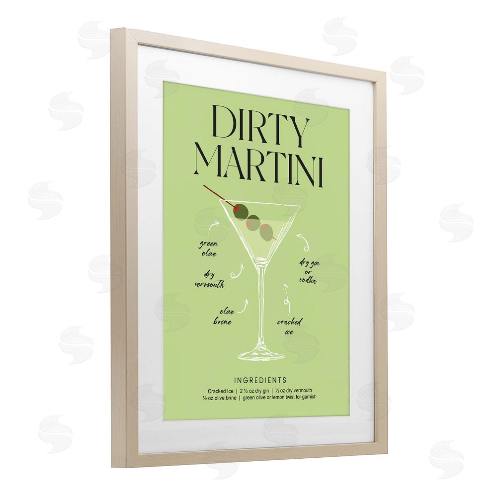 Lettered and Lined Dirty Martini Green Recipe Birch Framed Print Under Glass Wall Art