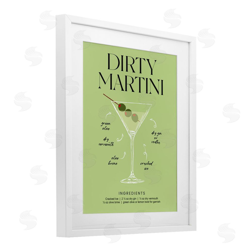 Lettered and Lined Dirty Martini Green Recipe White Framed Print Under Glass Wall Art