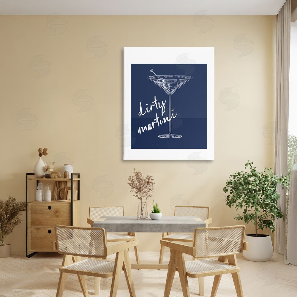 Lettered and Lined Dirty Martini on Blue Stretched Canvas Wall Art in Room