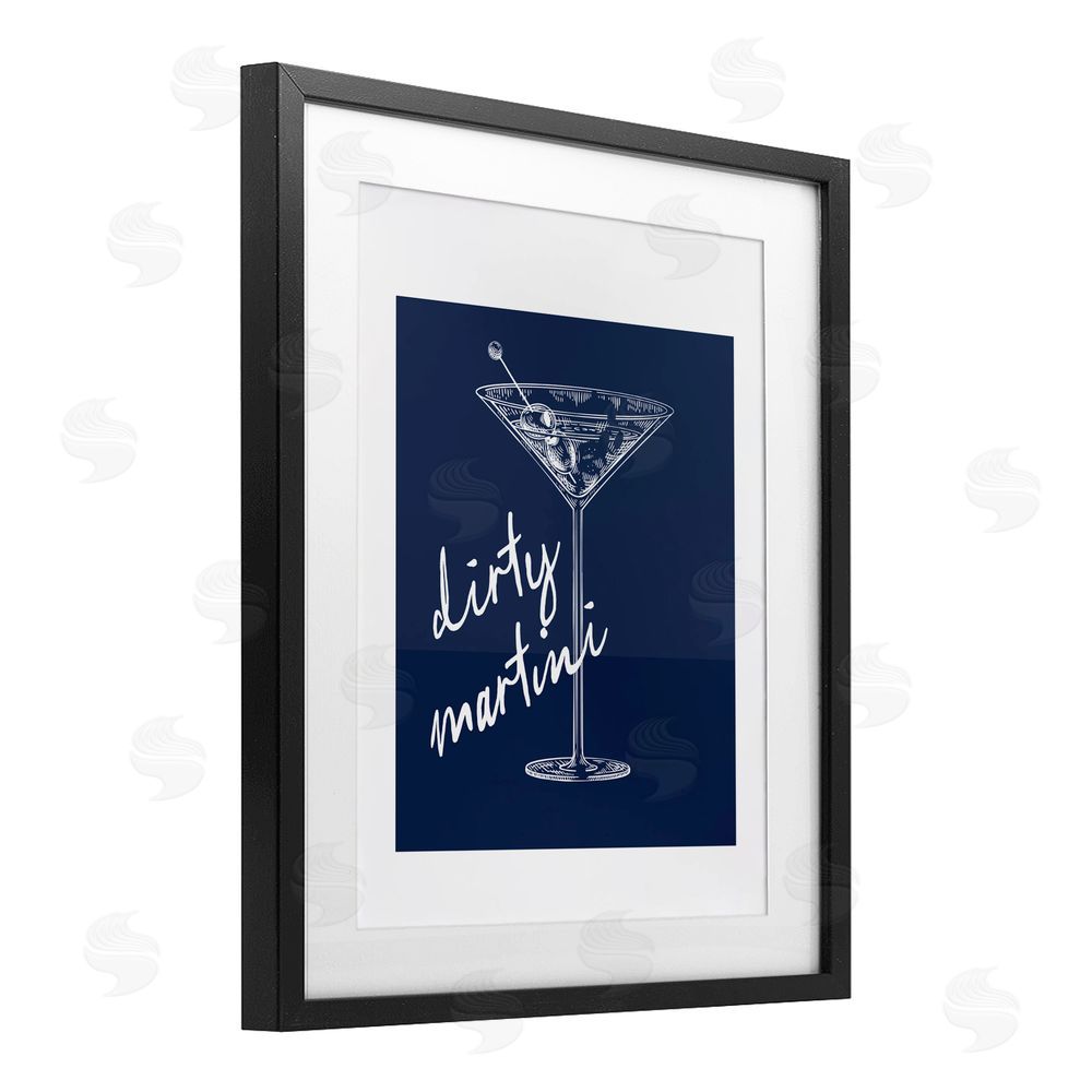 Lettered and Lined Dirty Martini on Blue Black Framed Print Under Glass Wall Art