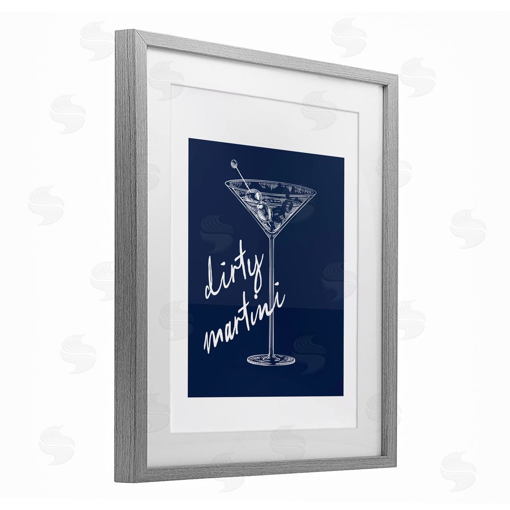 Lettered and Lined Dirty Martini on Blue Gray Framed Print Under Glass Wall Art