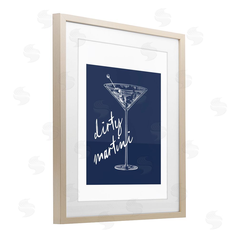 Lettered and Lined Dirty Martini on Blue Brown Framed Print Under Glass Wall Art