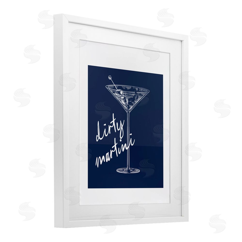 Lettered and Lined Dirty Martini on Blue White Framed Print Under Glass Wall Art