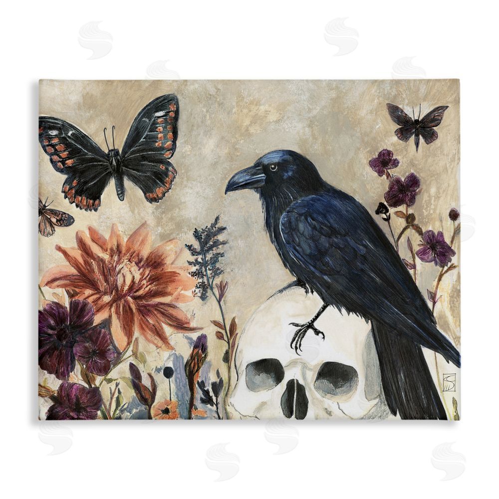 Sara Culpepper Halloween Crow with Butterflies Canvas Wall Art Print