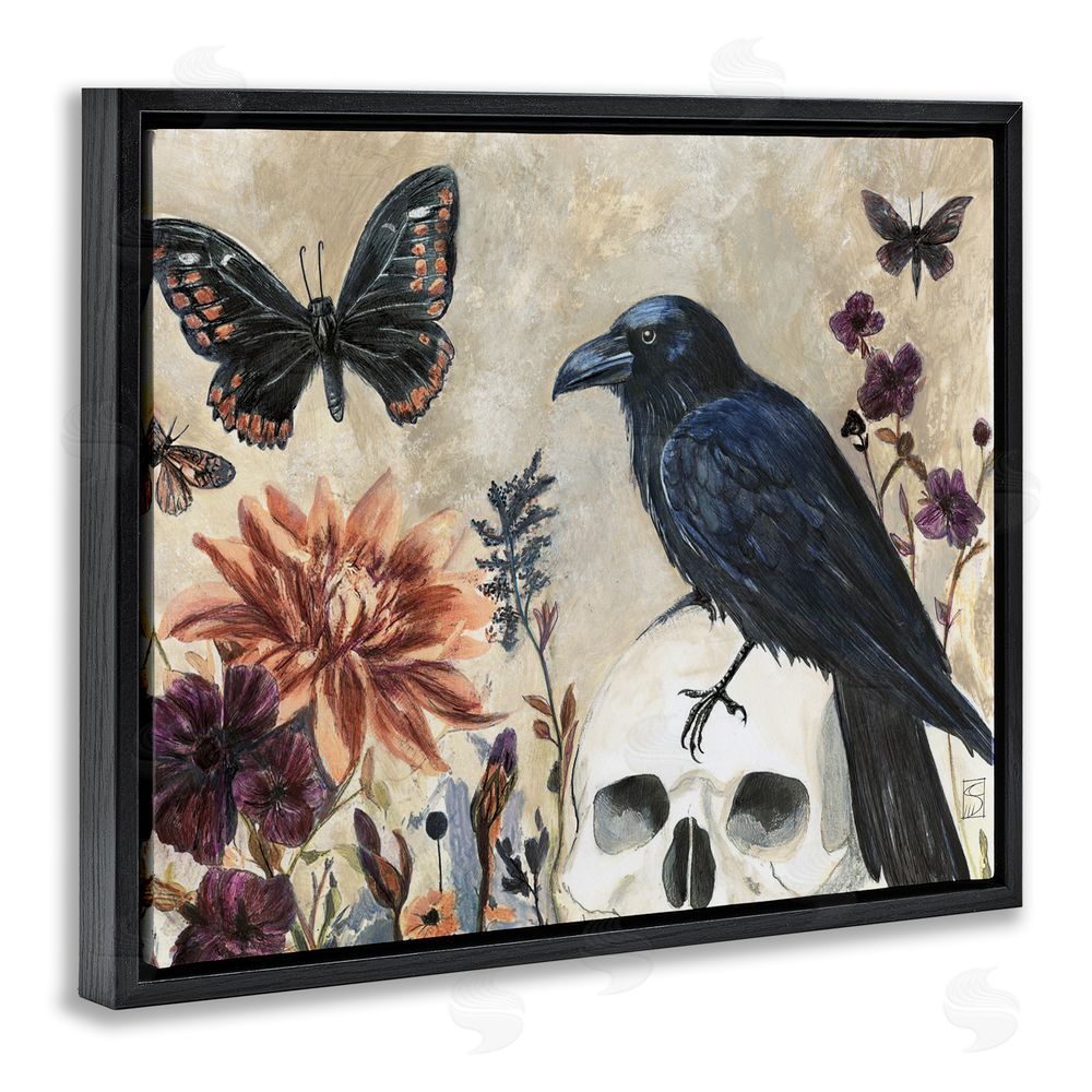 Sara Culpepper Halloween Crow with Butterflies Black Floating Frame Canvas Wall Art Print