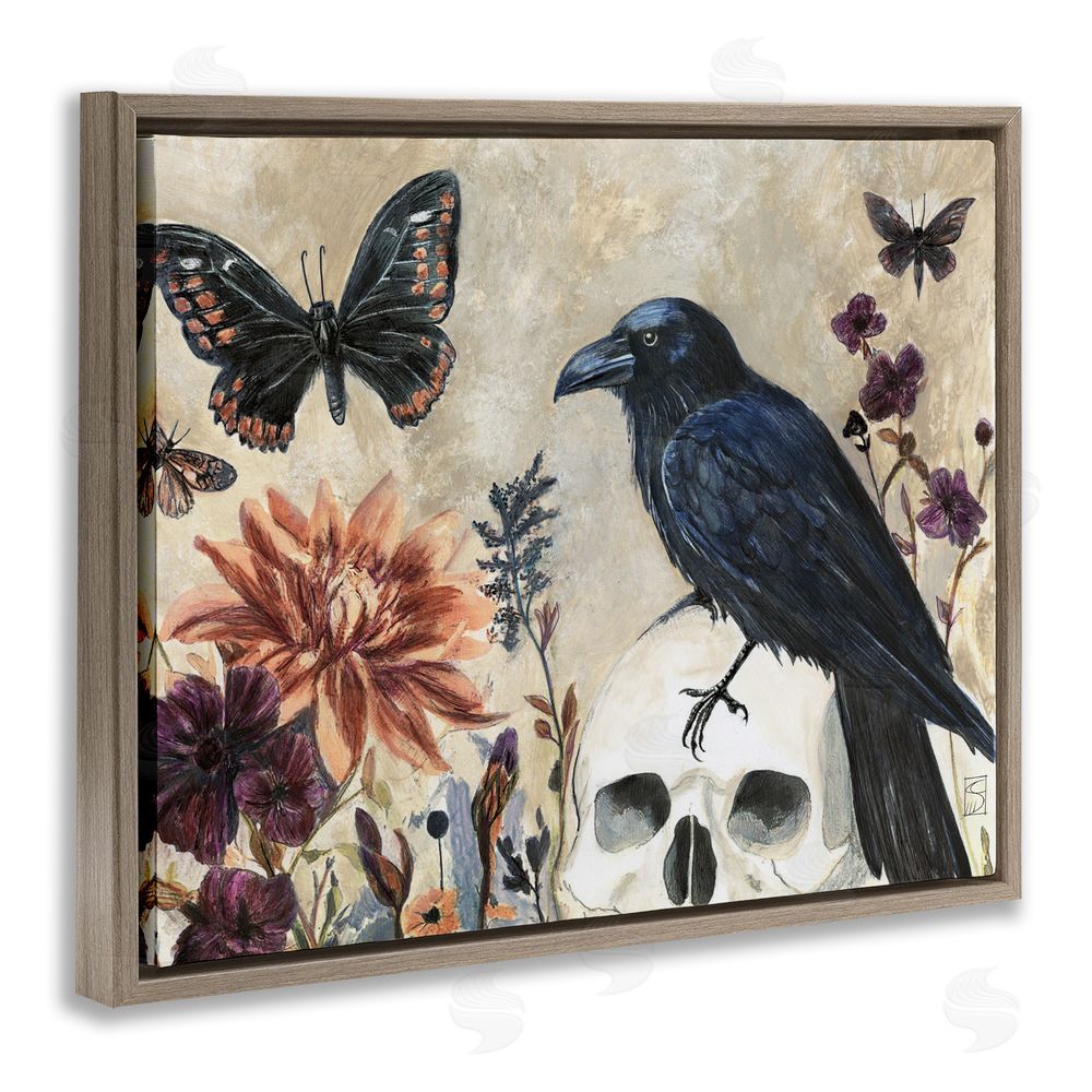 Sara Culpepper Halloween Crow with Butterflies Brown Floating Frame Canvas Wall Art Print