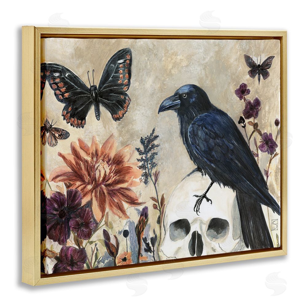 Sara Culpepper Halloween Crow with Butterflies Gold Floating Frame Canvas Wall Art Print
