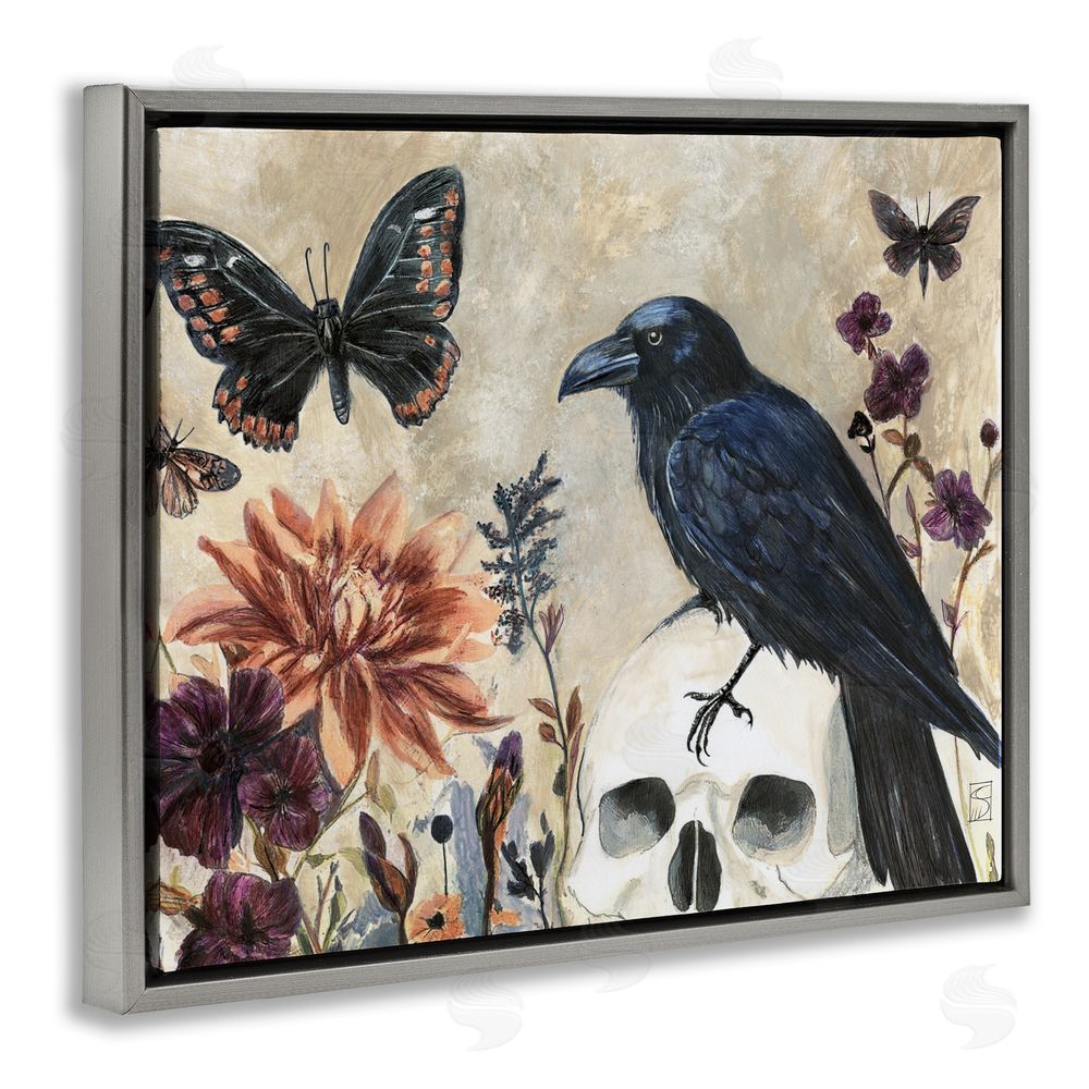 Sara Culpepper Halloween Crow with Butterflies Gray Floating Frame Canvas Wall Art Print