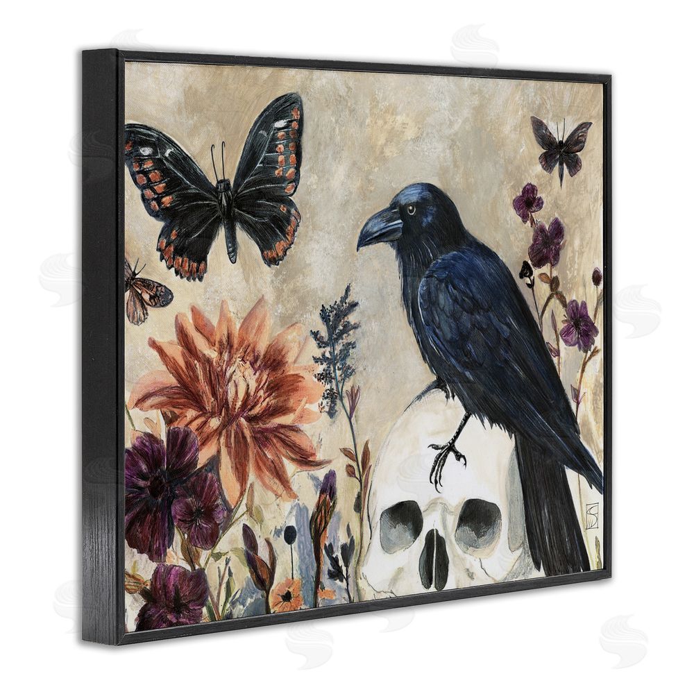 Sara Culpepper Halloween Crow with Butterflies Black Framed Giclee Wall Art Print