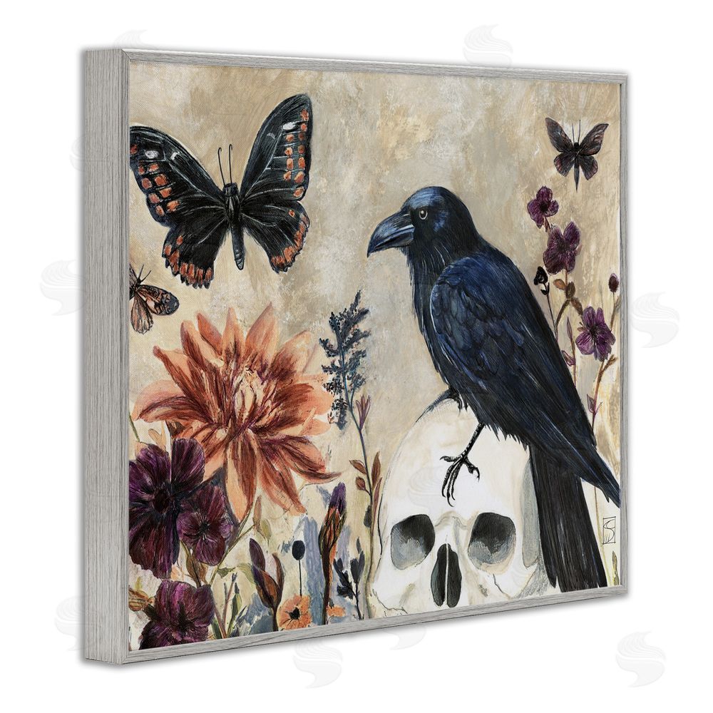Sara Culpepper Halloween Crow with Butterflies Gray Framed Giclee Wall Art Print