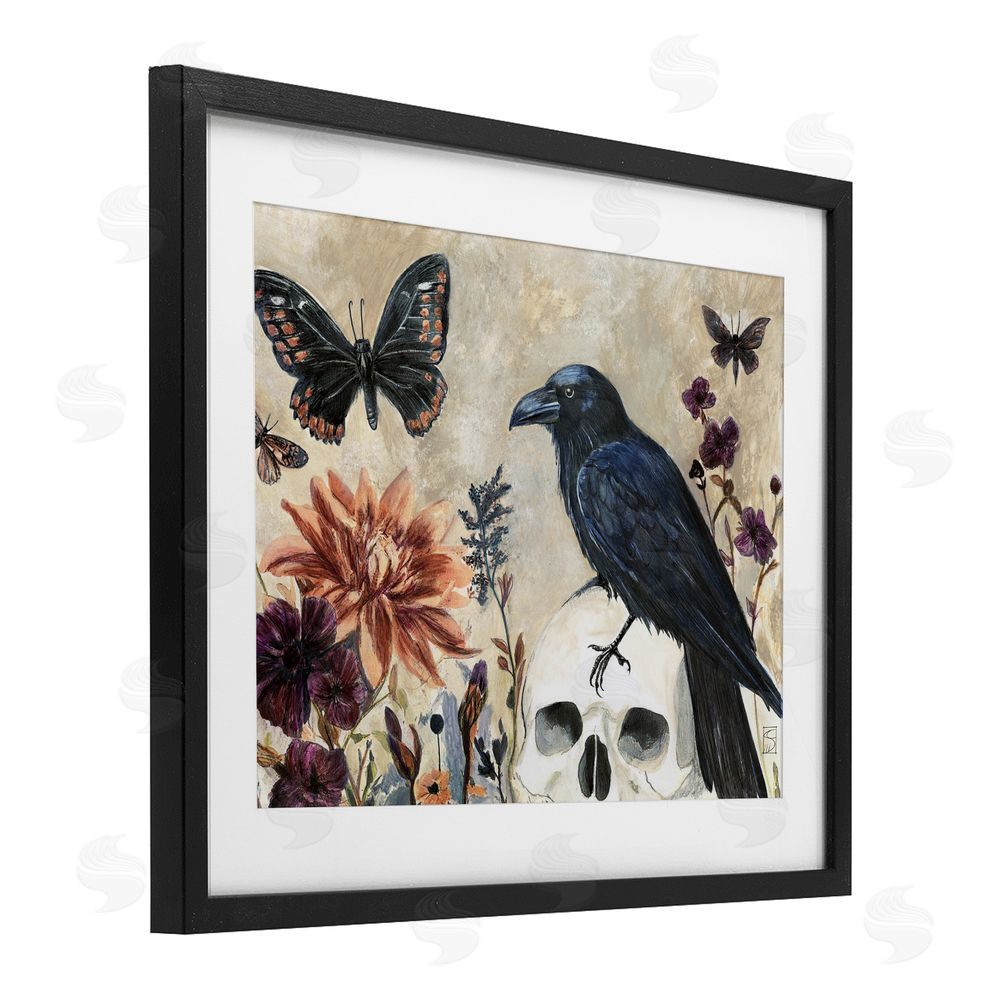 Sara Culpepper Halloween Crow with Butterflies Black Framed Print Under Glass with White Mat Wall Art