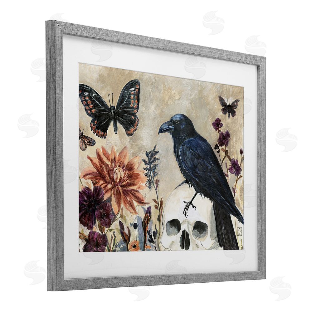 Sara Culpepper Halloween Crow with Butterflies Gray Framed Print Under Glass with White Mat Wall Art