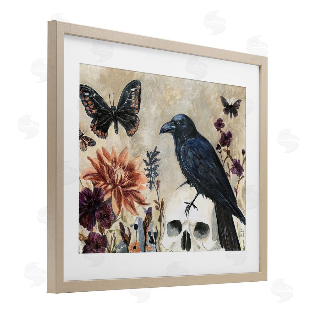 Sara Culpepper Halloween Crow with Butterflies Birch Framed Print Under Glass with White Mat Wall Art
