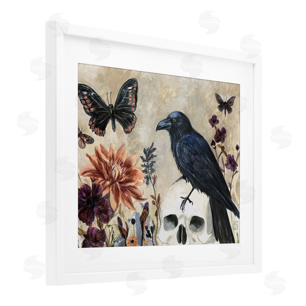 Sara Culpepper Halloween Crow with Butterflies White Framed Print Under Glass with Mat Wall Art
