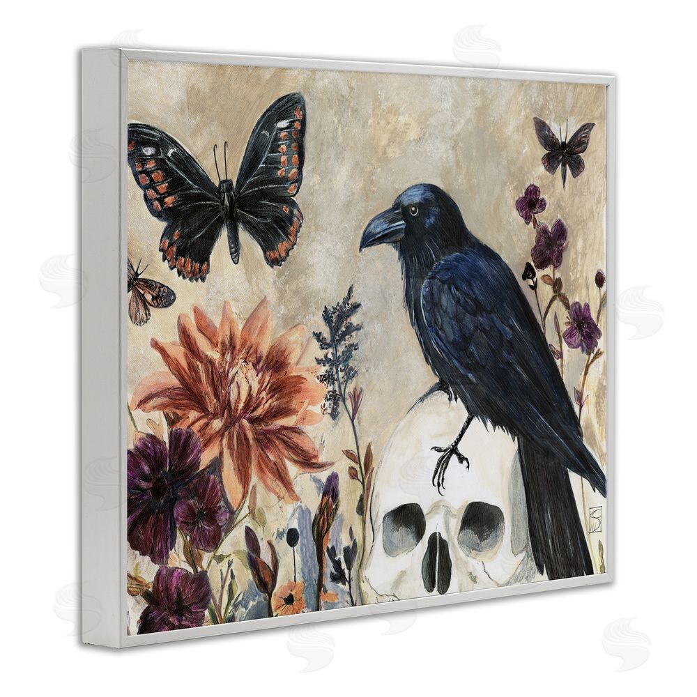 Sara Culpepper Halloween Crow with Butterflies White Framed Giclee Wall Art Print