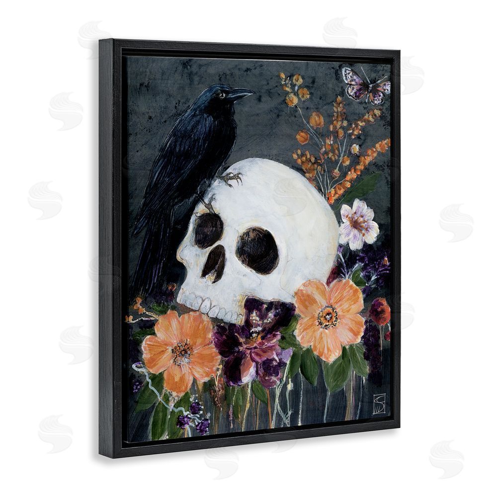 Sara Culpepper Halloween Flowers & Skull Black Floating Frame Canvas Wall Art Print