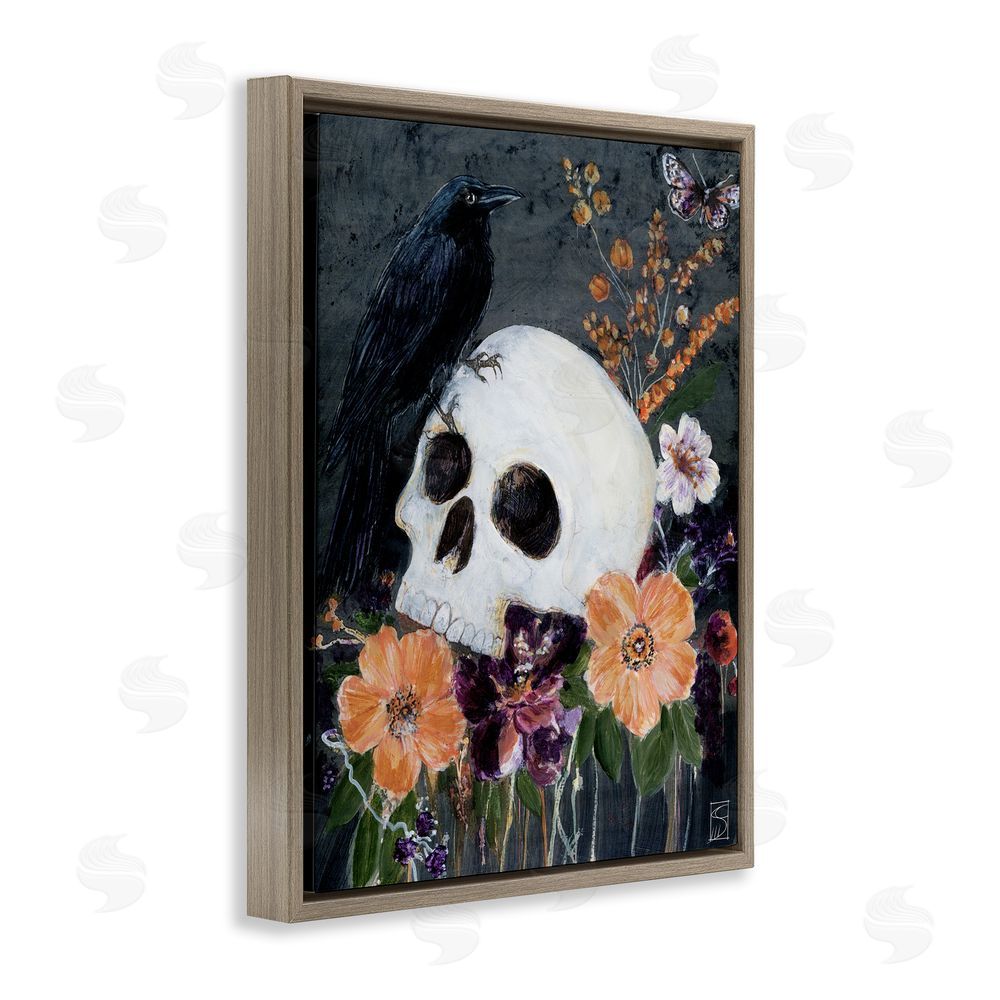 Sara Culpepper Halloween Flowers & Skull Brown Floating Frame Canvas Wall Art Print