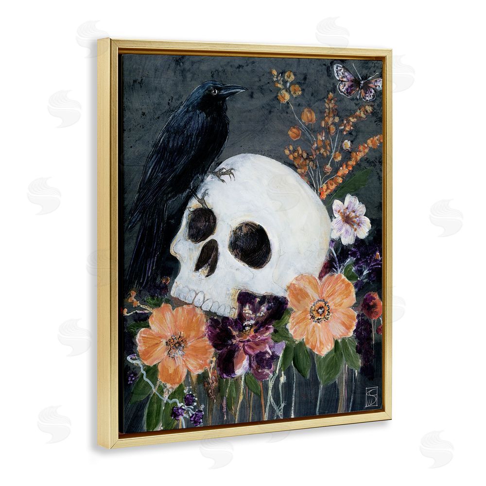 Sara Culpepper Halloween Flowers & Skull Gold Floating Frame Canvas Wall Art Print