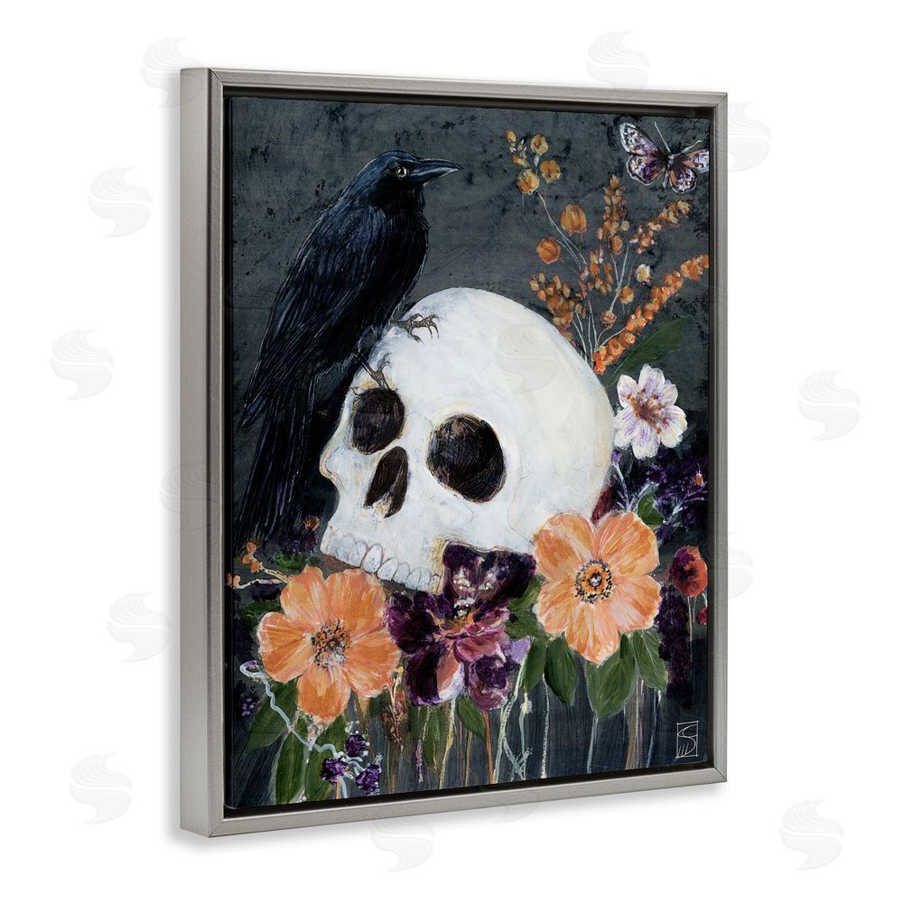 Sara Culpepper Halloween Flowers & Skull Gray Floating Frame Canvas Wall Art Print