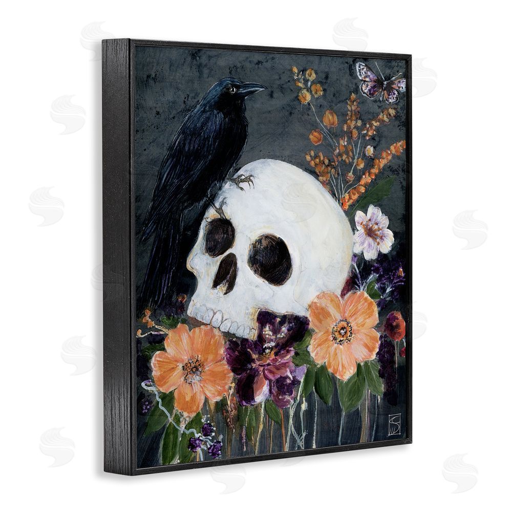 Sara Culpepper Halloween Flowers & Skull Black Framed Giclee Wall Art Print