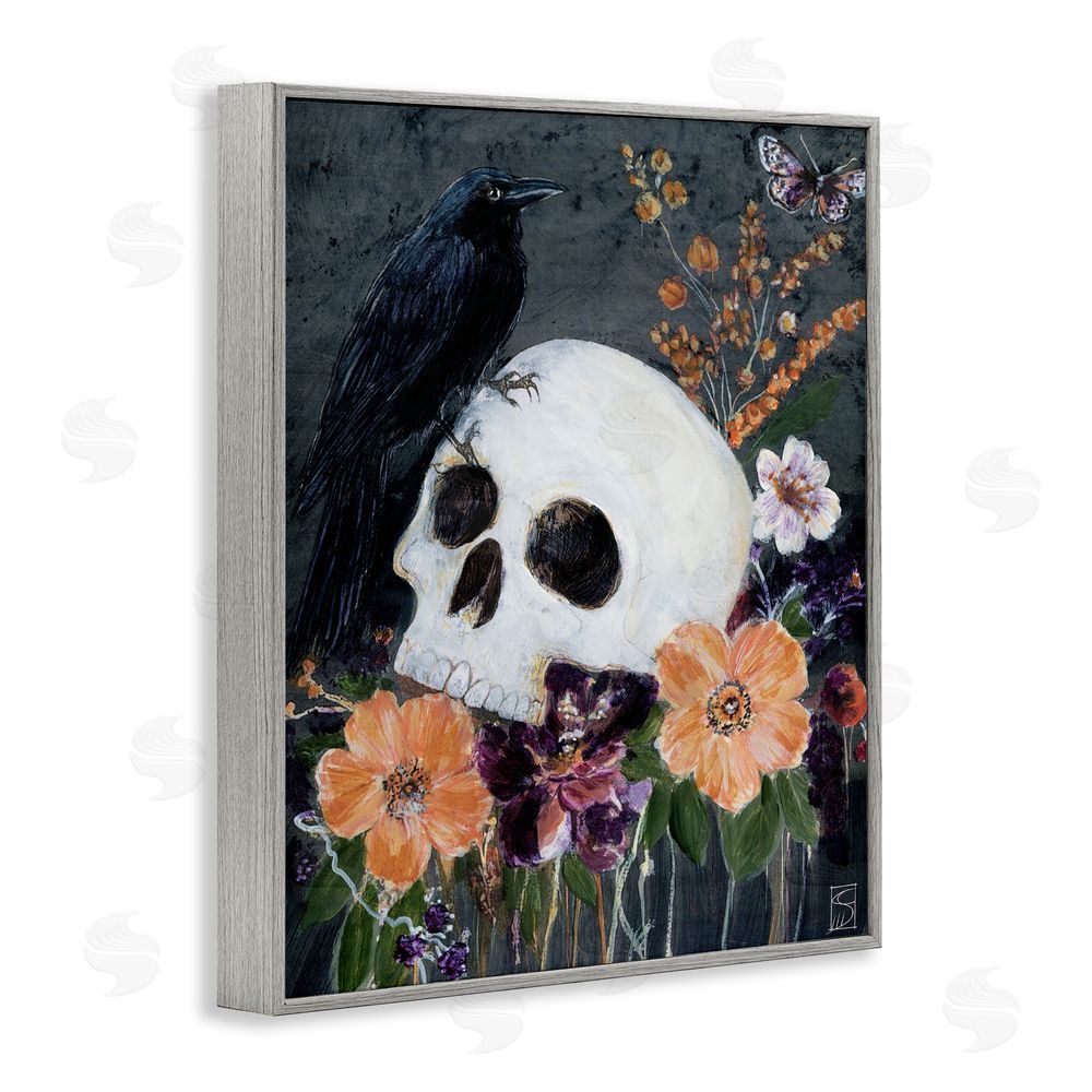 Sara Culpepper Halloween Flowers & Skull Gray Framed Giclee Wall Art Print