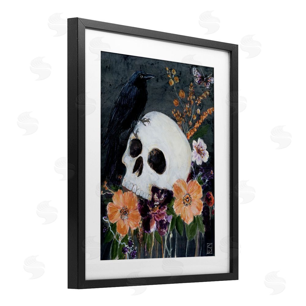 Sara Culpepper Halloween Flowers & Skull Black Framed Print Under Glass with White Mat Wall Art