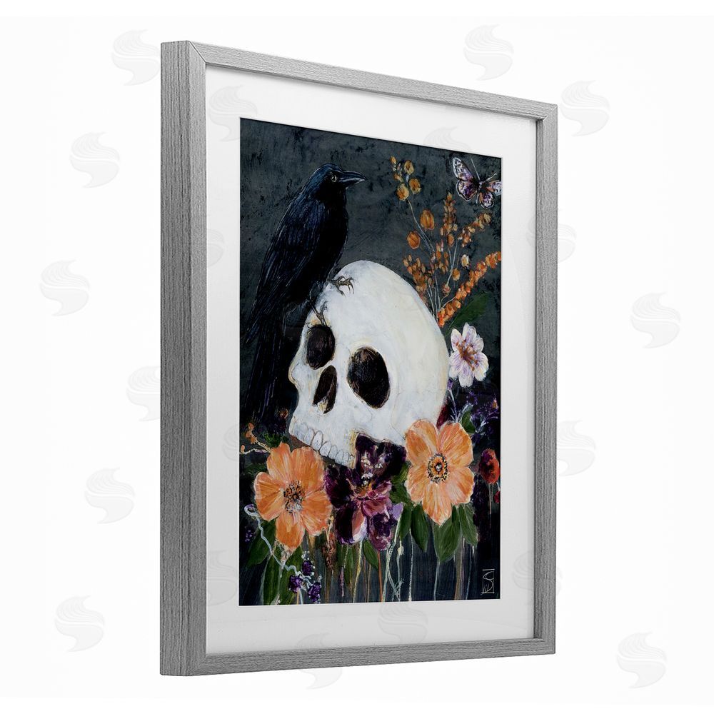 Sara Culpepper Halloween Flowers & Skull Gray Framed Print Under Glass with White Mat Wall Art