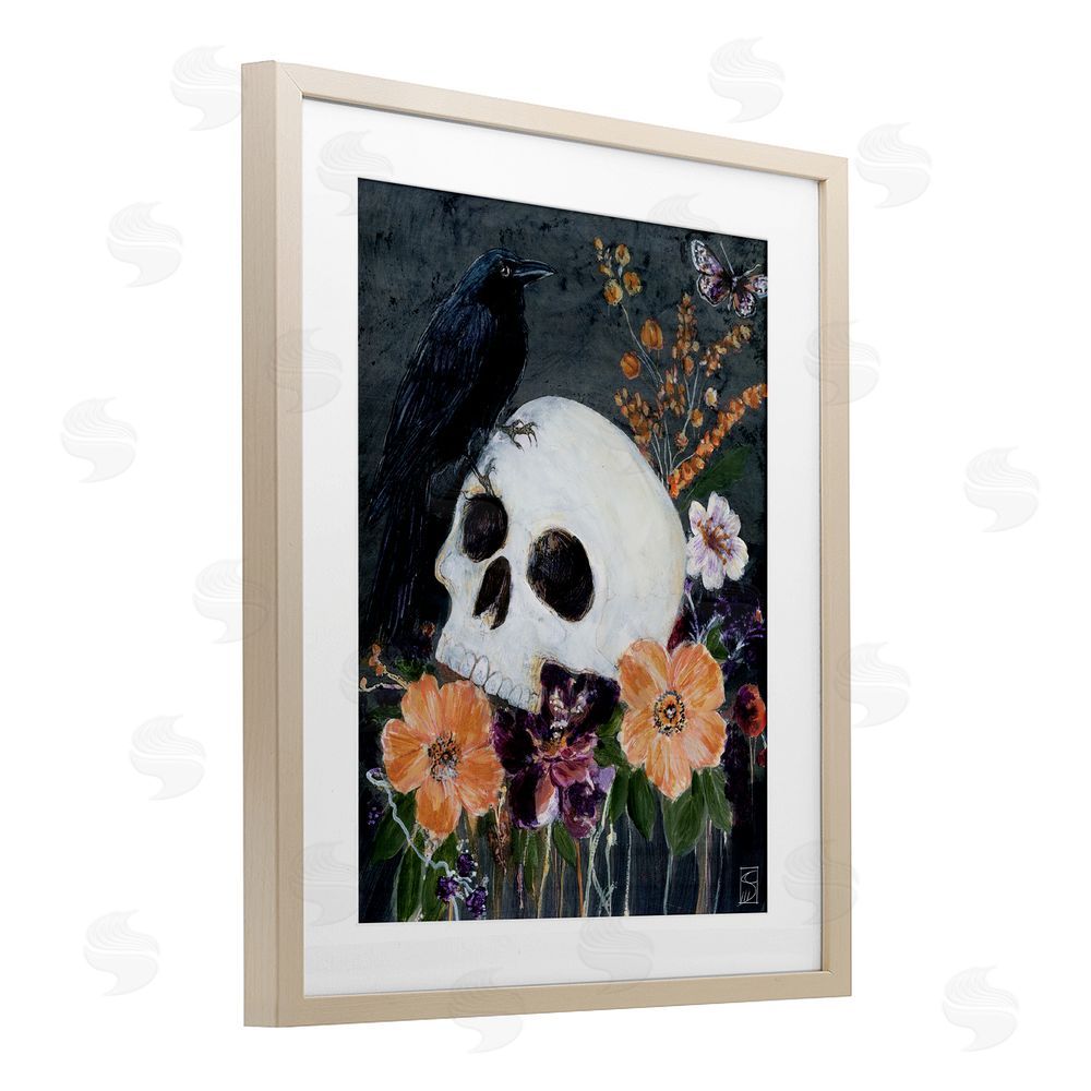 Sara Culpepper Halloween Flowers & Skull Birch Framed Print Under Glass with White Mat Wall Art