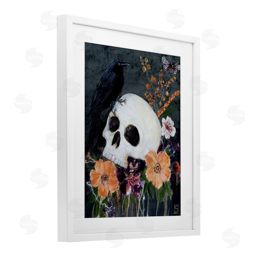 Sara Culpepper Halloween Flowers & Skull White Framed Print Under Glass with Mat Wall Art