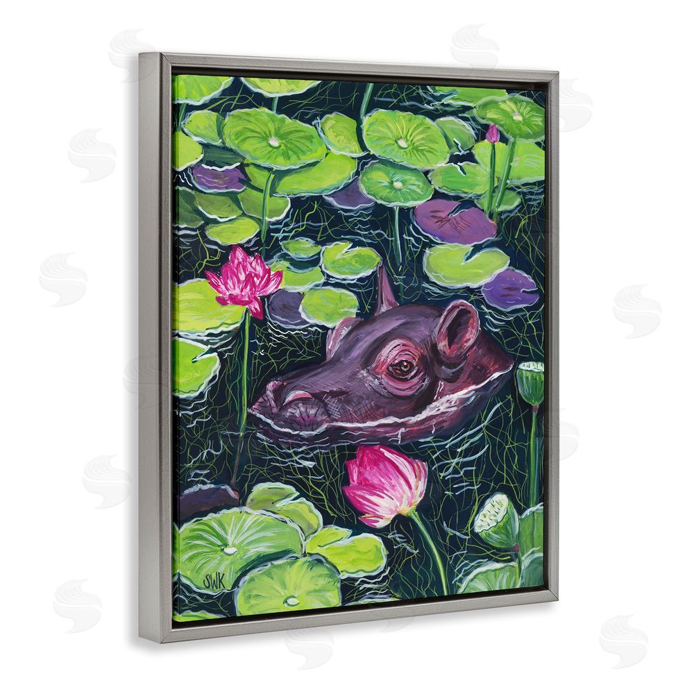 Sarah Waldron Kimball Hippo & Blossoms Pond Gray Floating Frame Canvas Wall Art Print