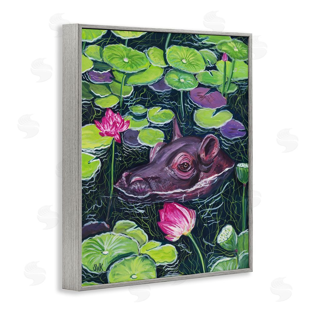 Sarah Waldron Kimball Hippo & Blossoms Pond Gray Framed Giclee Wall Art Print