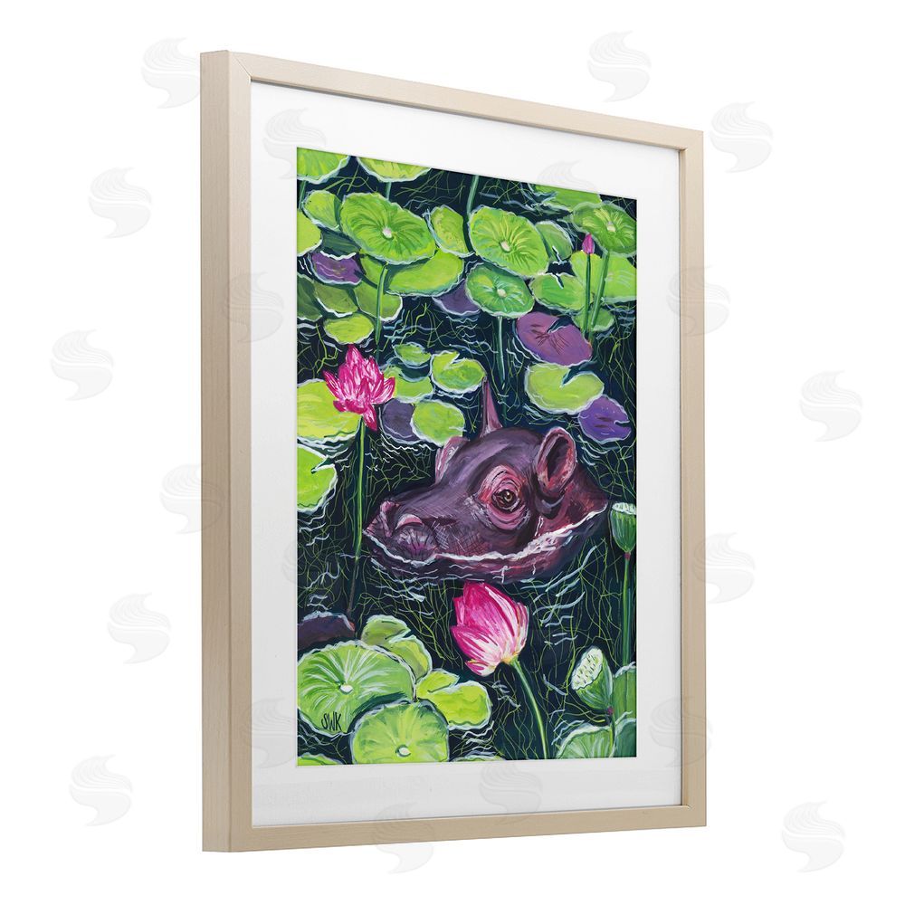 Sarah Waldron Kimball Hippo & Blossoms Pond Brown Framed Print Under Glass Wall Art