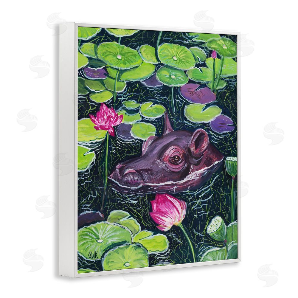 Sarah Waldron Kimball Hippo & Blossoms Pond White Framed Giclee Wall Art Print